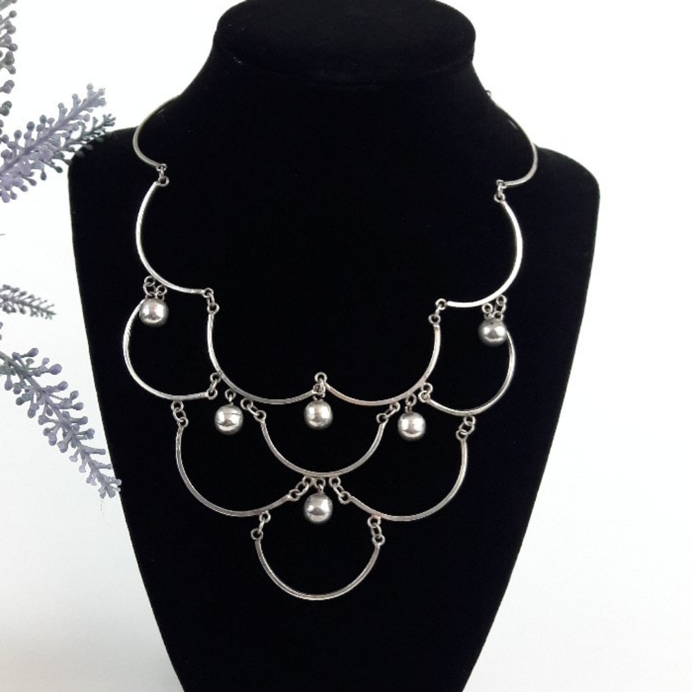 Taxco Sterling Silver Festoon Style Beaded Choker Necklace marked EVS